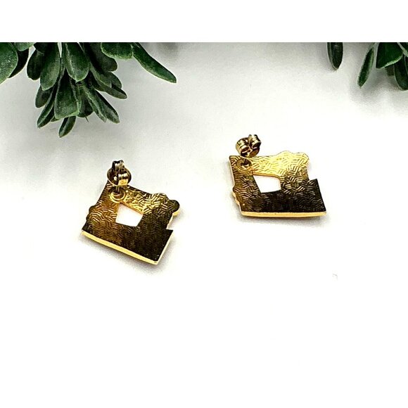 Vintage Cloisonné Square Earrings W/ Floral & Dragonfly Design In Gold-Tone Purp - Picture 3 of 5
